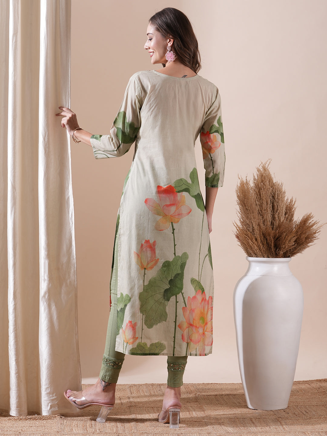 Floral Printed Sequins Embellished Kurta - Powder Green