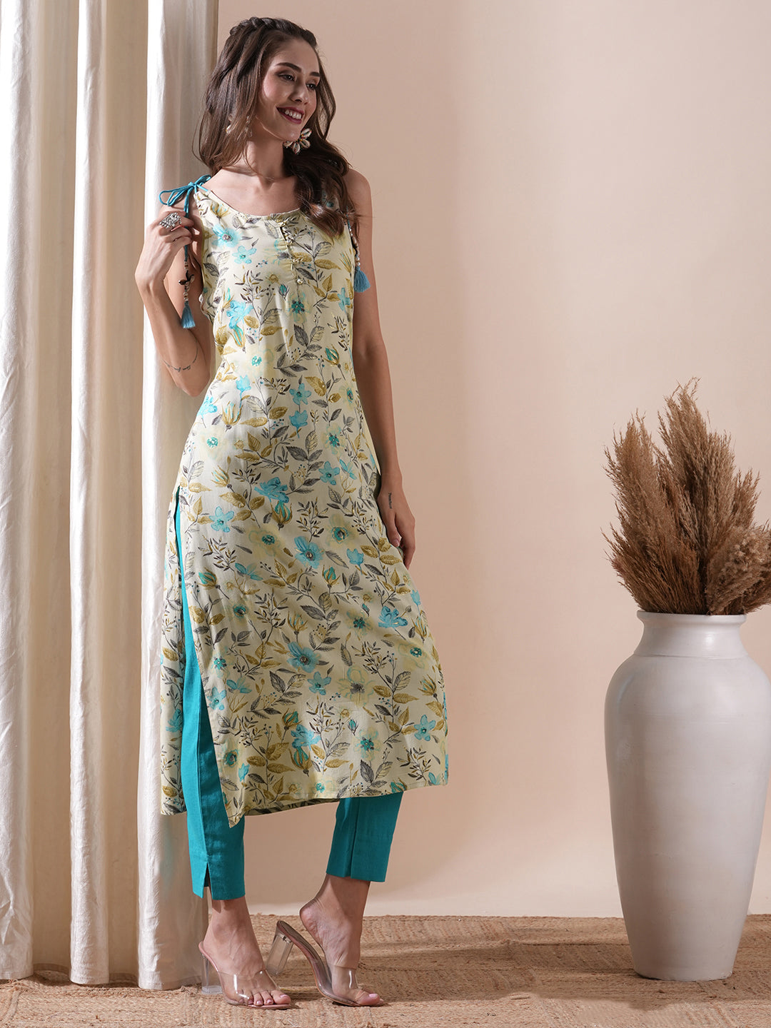 Floral Printed Tasseled Dori Tie-up Shoulder Strap Kurta Cream