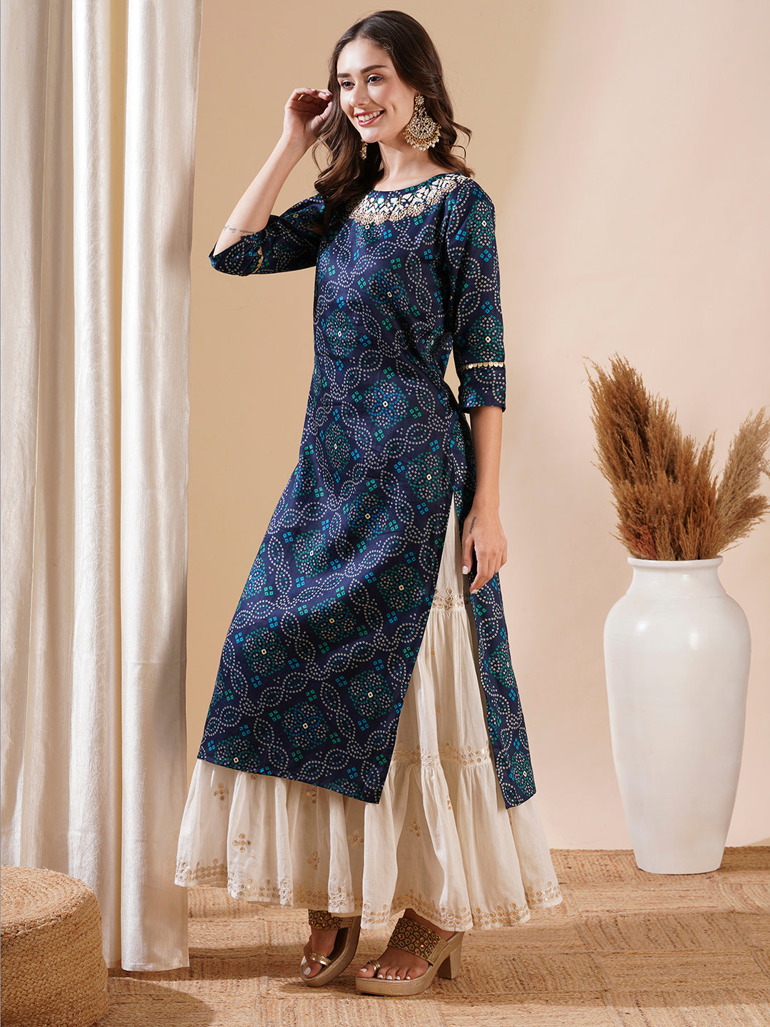 Ethnic Bandhani Foil Printed & Hand Embroidered Straight Kurta - Blue