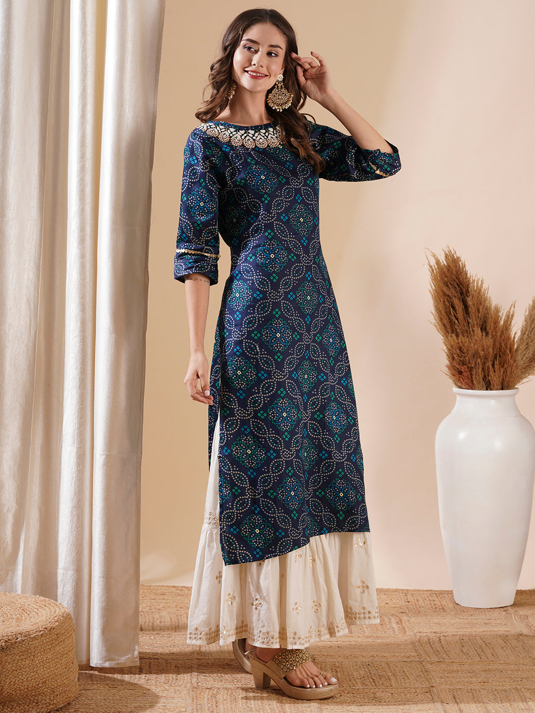 Ethnic Bandhani Foil Printed & Hand Embroidered Straight Kurta - Blue
