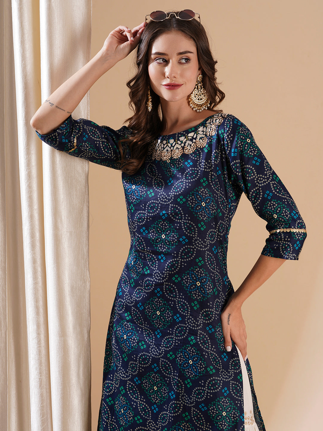 Ethnic Bandhani Foil Printed & Hand Embroidered Straight Kurta - Blue