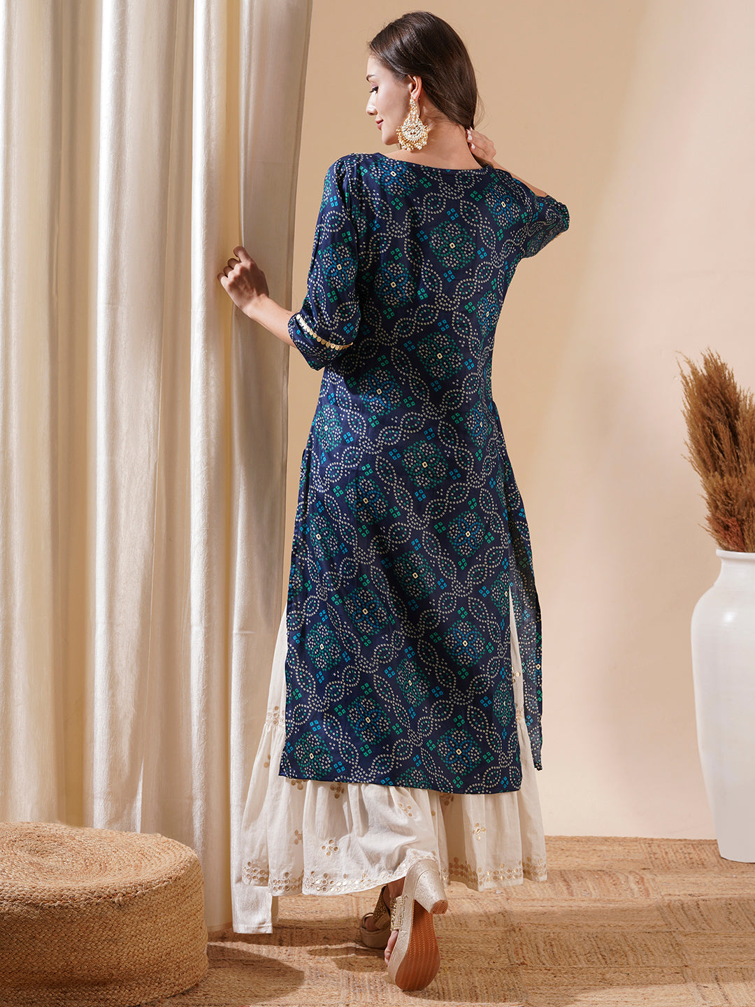 Ethnic Bandhani Foil Printed & Hand Embroidered Straight Kurta - Blue