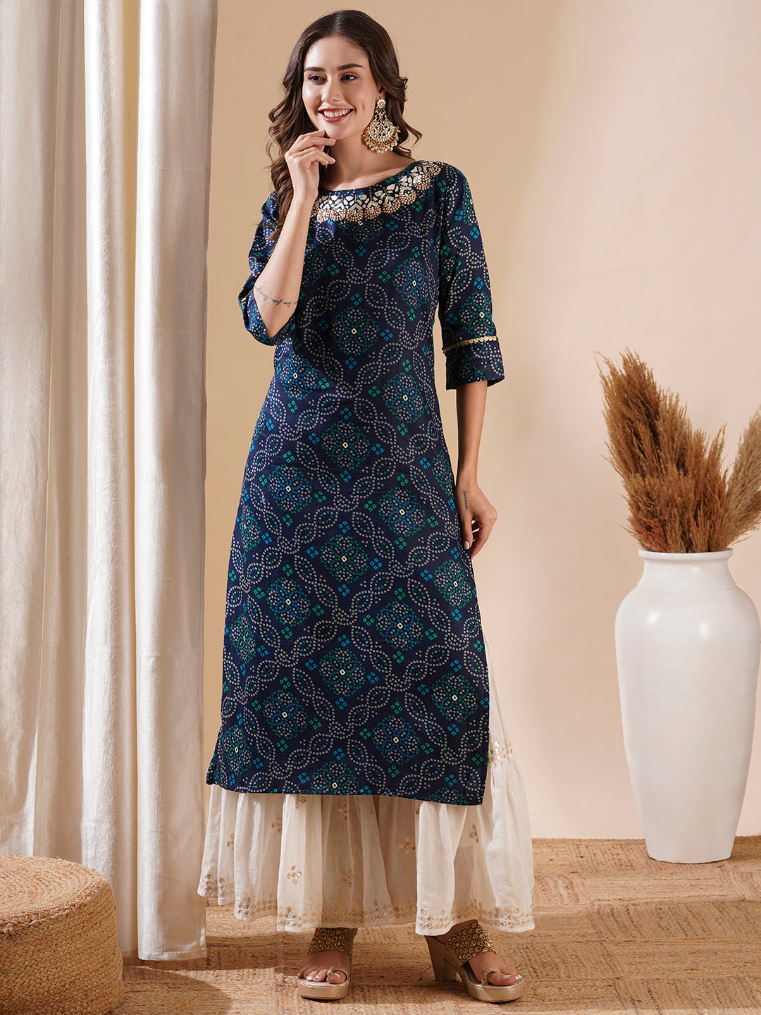 Ethnic Bandhani Foil Printed & Hand Embroidered Straight Kurta - Blue