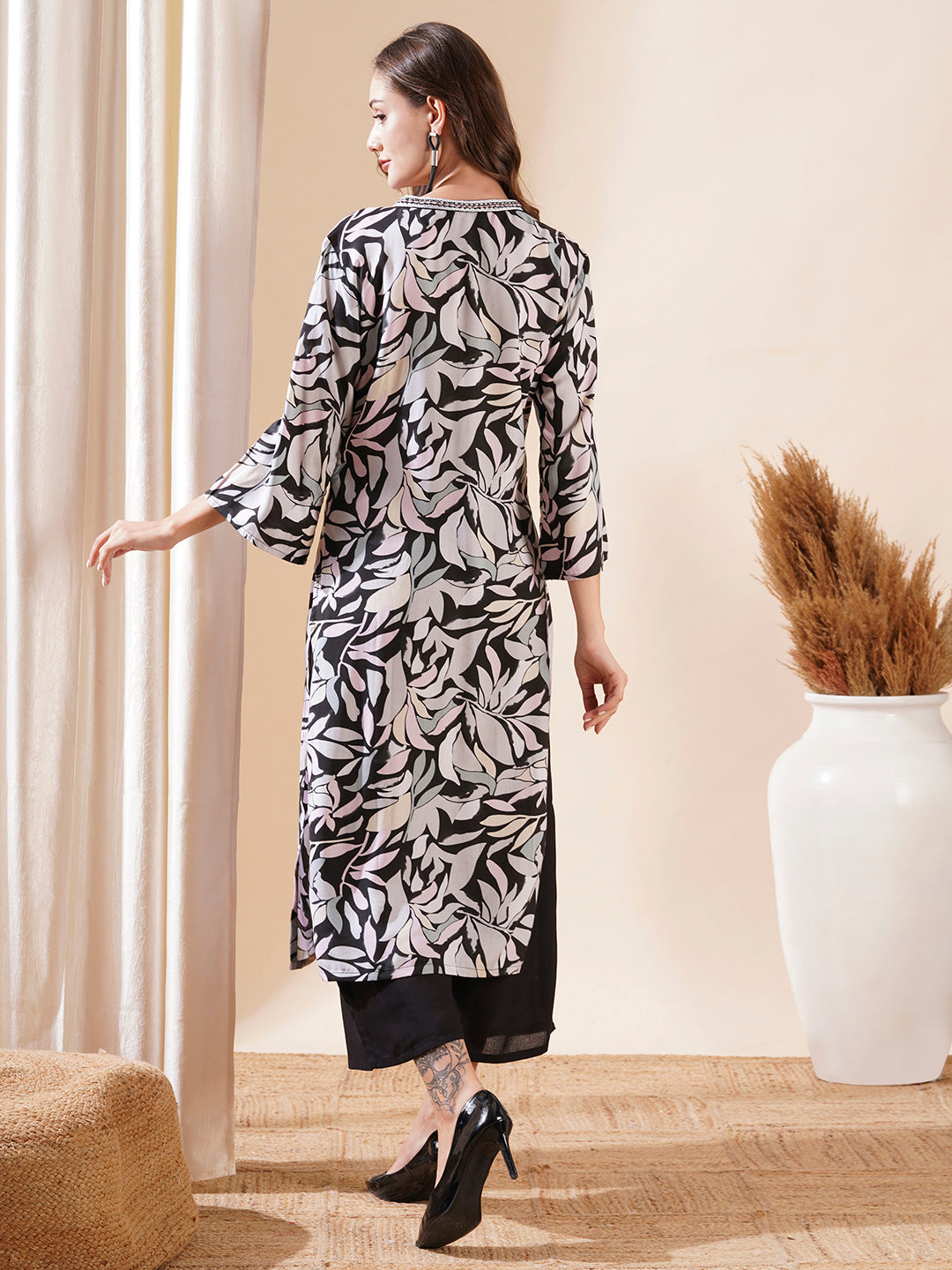 Abstract Floral Printed & Straight Kurta with Palazzo - Multi