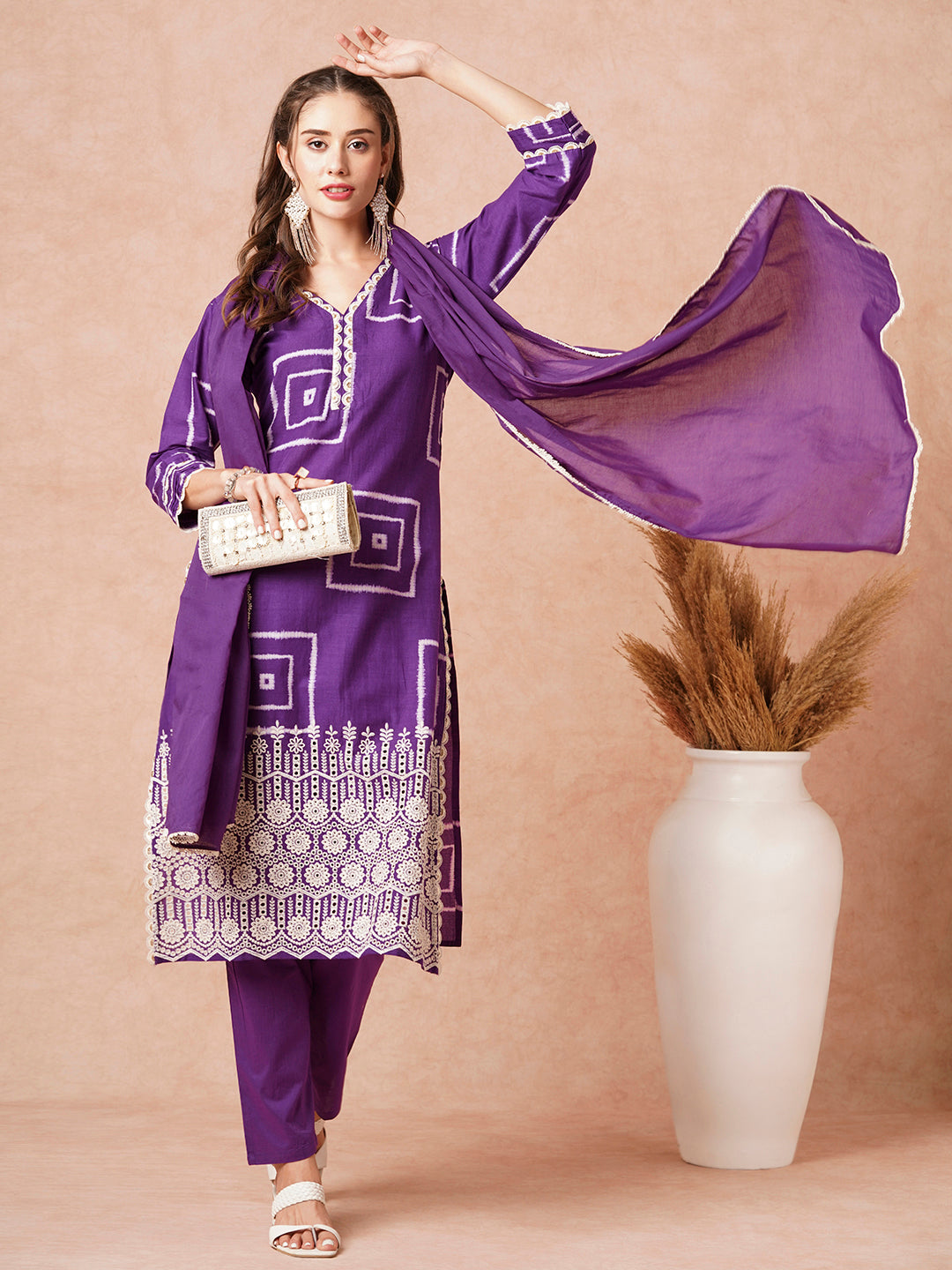 Geometric Printed Schiffili Embroidered Kurta & with Pants & Dupatta - Purple