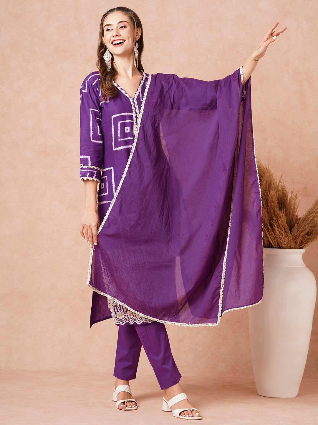 Geometric Printed Schiffili Embroidered Kurta & with Pants & Dupatta - Purple