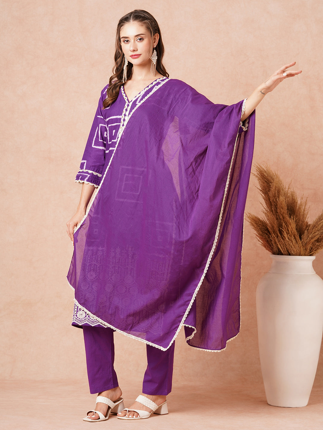 Geometric Printed Schiffili Embroidered Kurta & with Pants & Dupatta - Purple