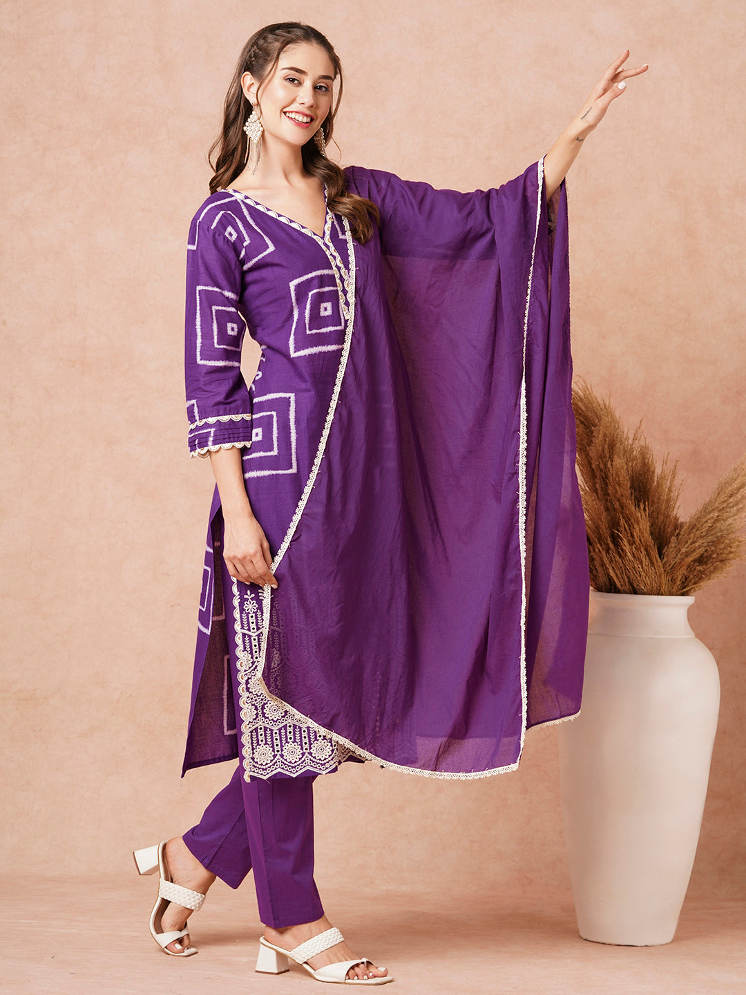 Geometric Printed Schiffili Embroidered Kurta & with Pants & Dupatta - Purple