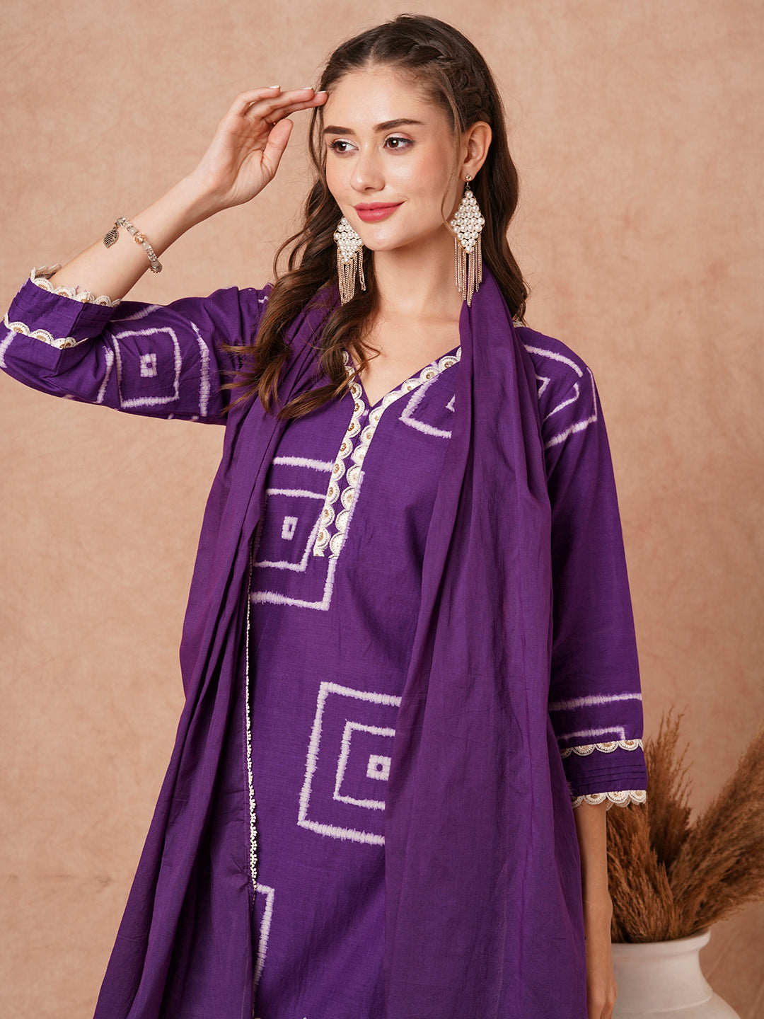 Geometric Printed Schiffili Embroidered Kurta & with Pants & Dupatta - Purple