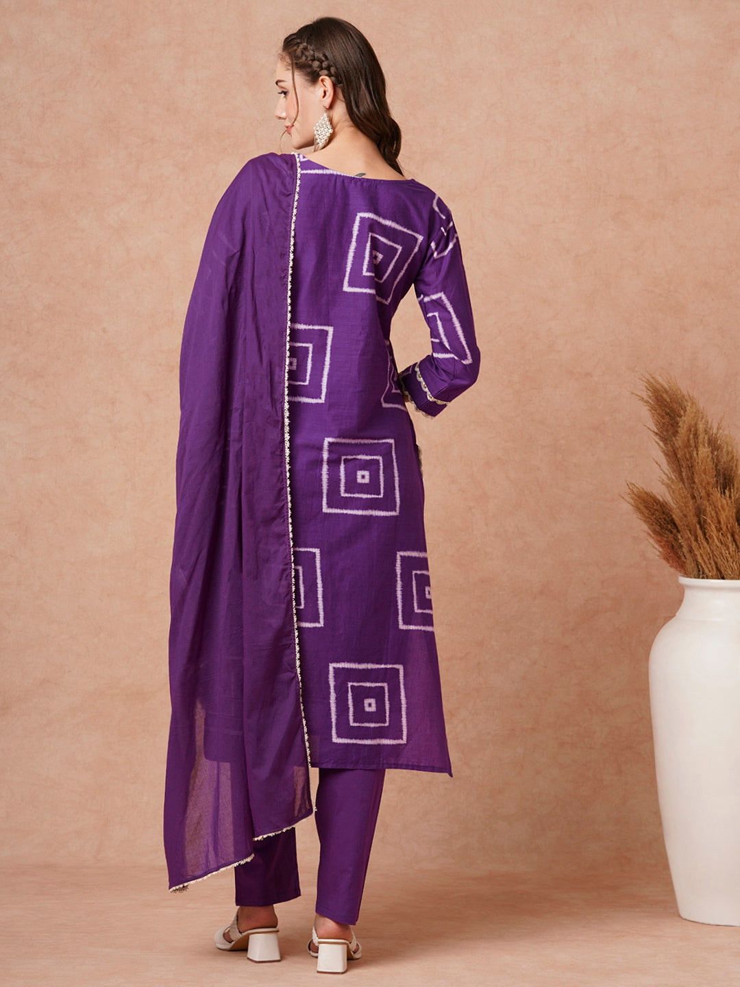 Geometric Printed Schiffili Embroidered Kurta & with Pants & Dupatta - Purple