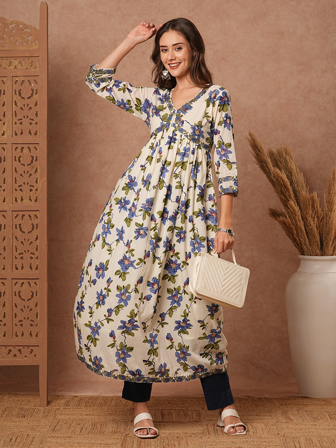 Floral Printed Resham & Sequins Embroidered Pleated Flared Maxi Dress - White