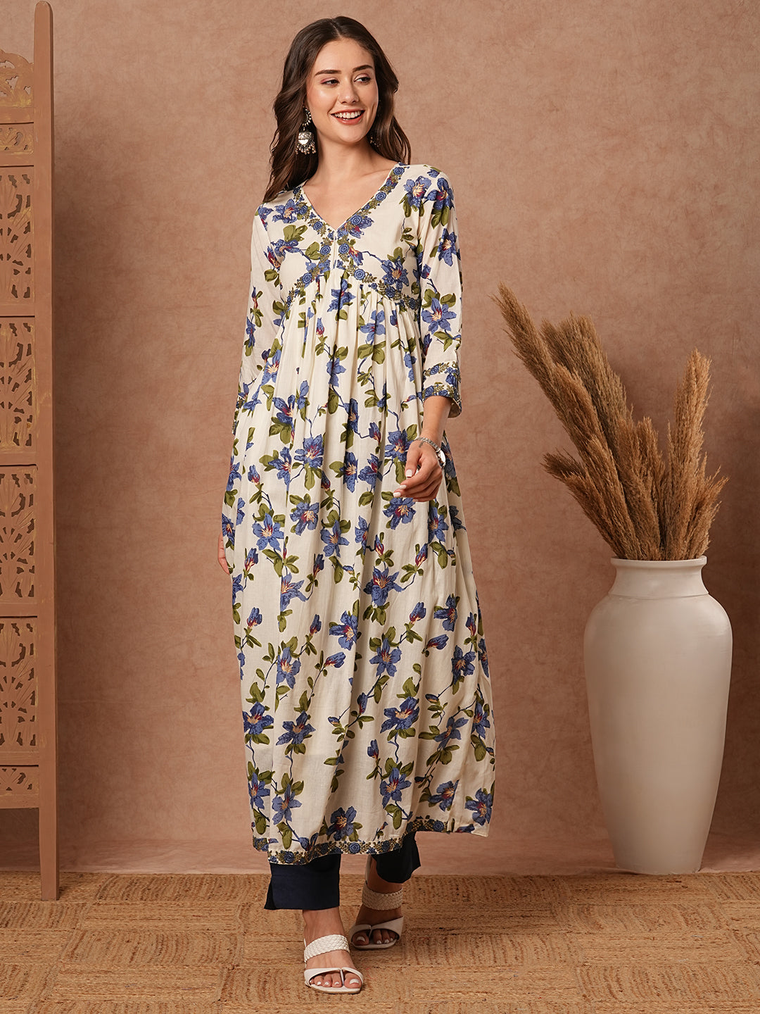 Floral Printed Resham & Sequins Embroidered Pleated Flared Maxi Dress - White