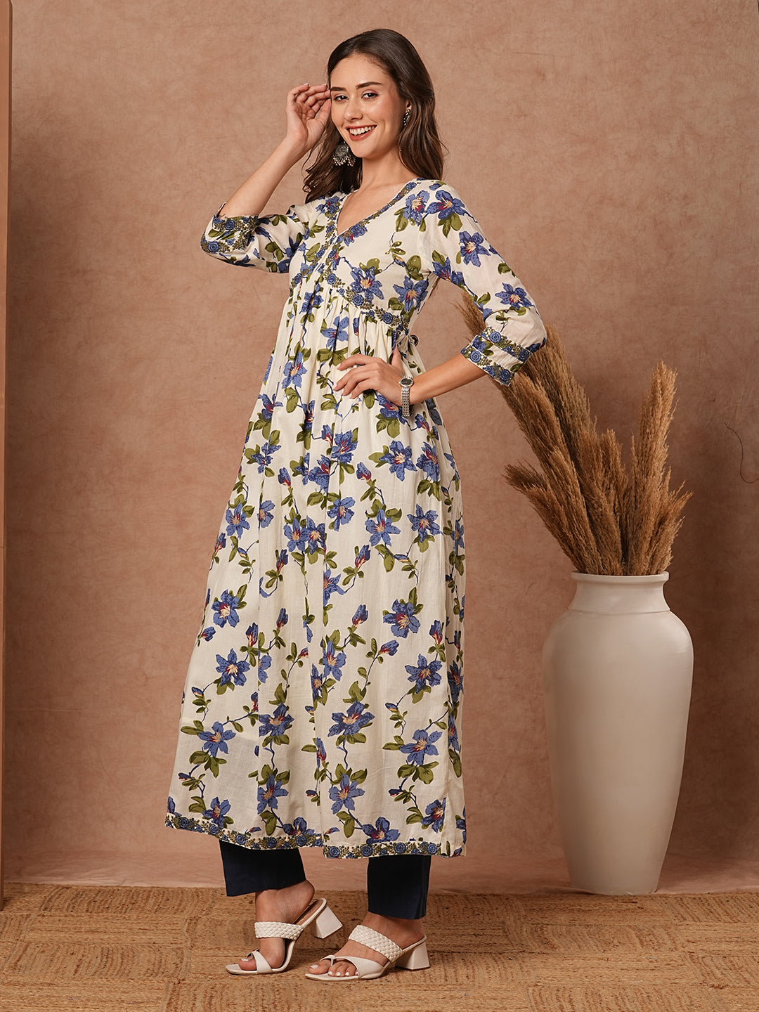 Floral Printed Resham & Sequins Embroidered Pleated Flared Maxi Dress - White