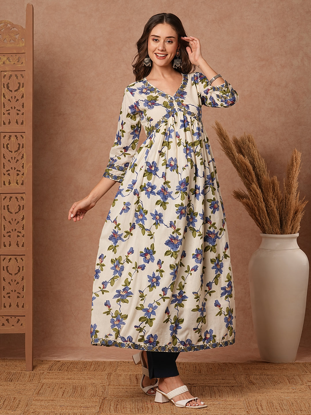 Floral Printed Resham & Sequins Embroidered Pleated Flared Maxi Dress - White