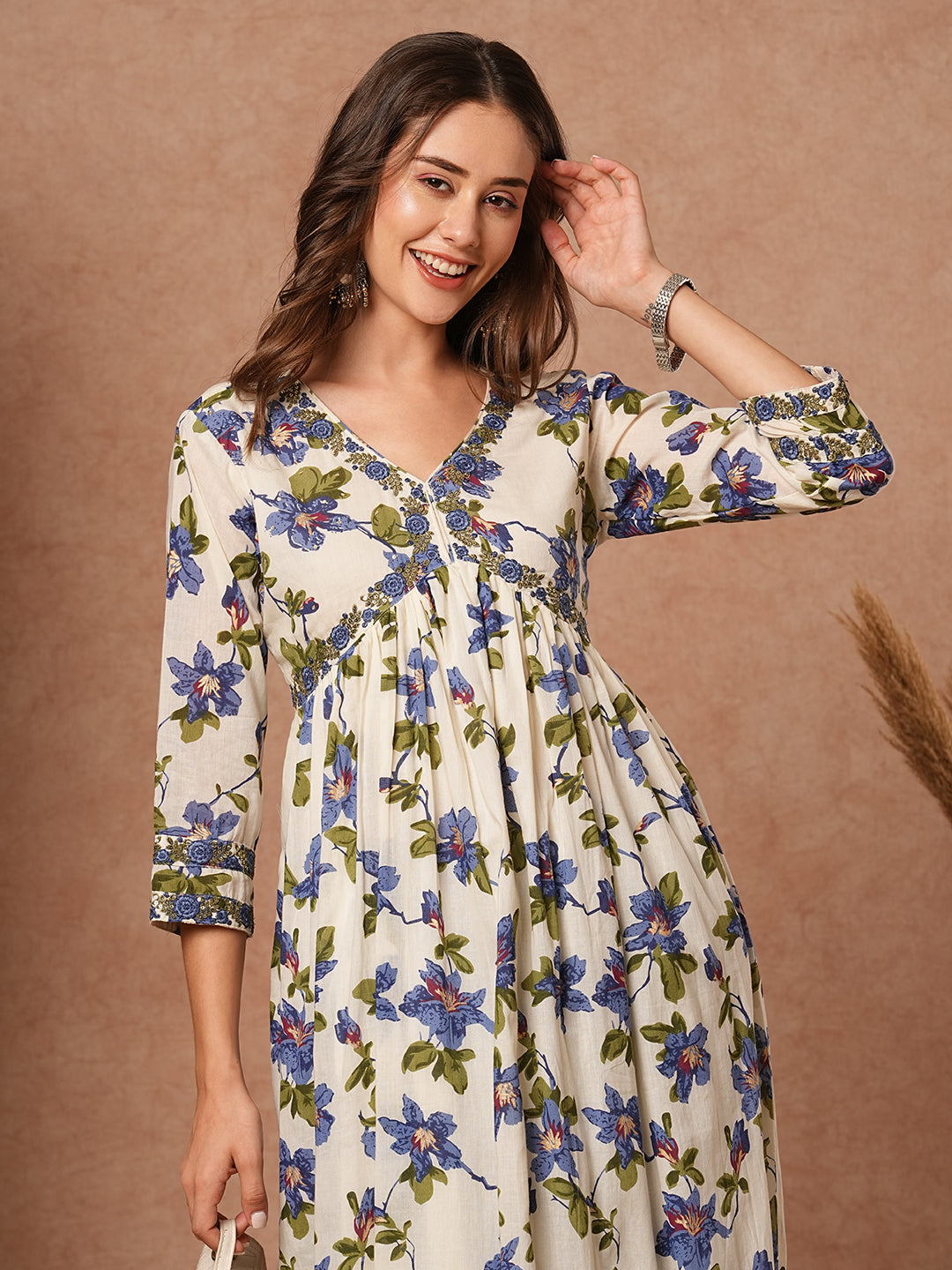 Floral Printed Resham & Sequins Embroidered Pleated Flared Maxi Dress - White