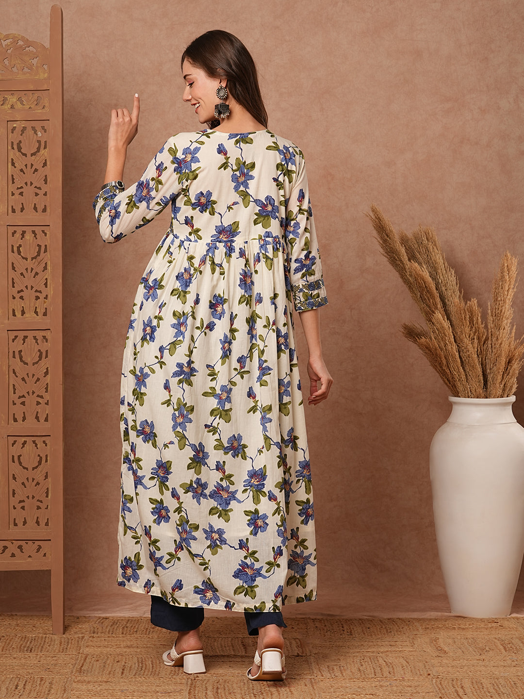 Floral Printed Resham & Sequins Embroidered Pleated Flared Maxi Dress - White