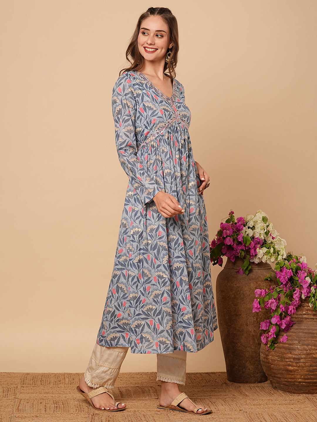 Ethnic Floral Printed & Sequin Hand Embroidered A-Line Pleated Midi Dr FASHOR Ethnic Floral Printed & Sequin Hand Embroidered A-Line Pleated Midi Dr FASHOR