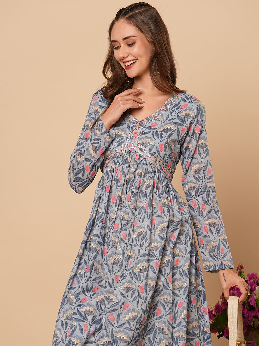 Ethnic Floral Printed & Sequin Hand Embroidered A-Line Pleated Midi Dress - Blue