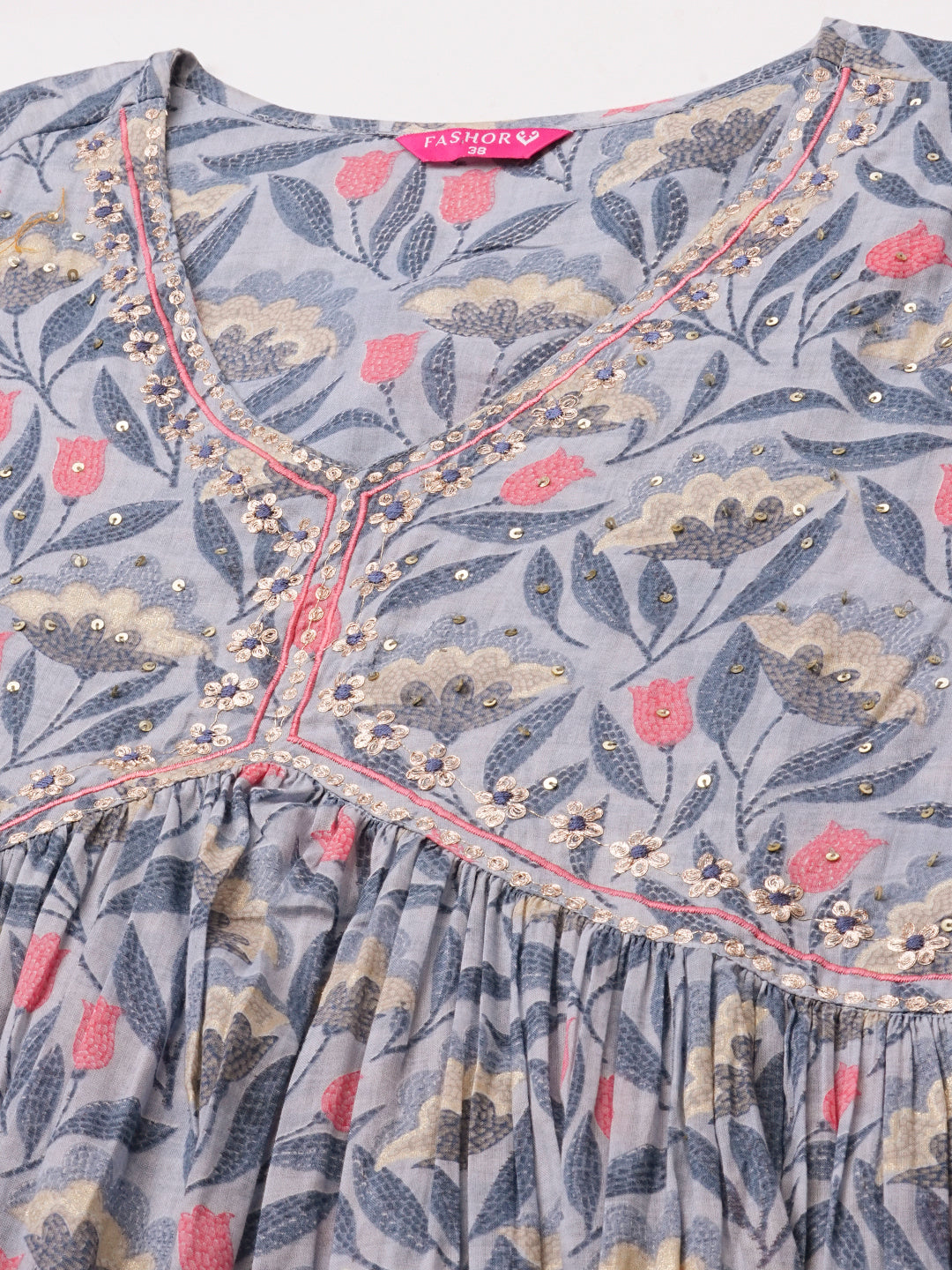 Ethnic Floral Printed & Sequin Hand Embroidered A-Line Pleated Midi Dress - Blue