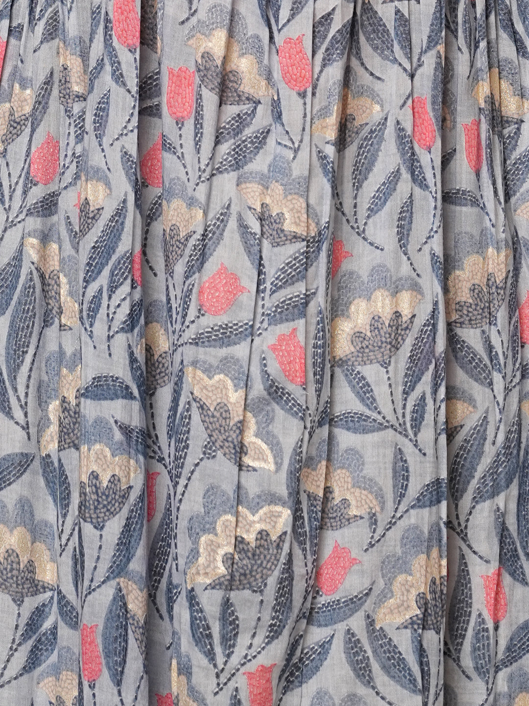 Ethnic Floral Printed & Sequin Hand Embroidered A-Line Pleated Midi Dress - Blue