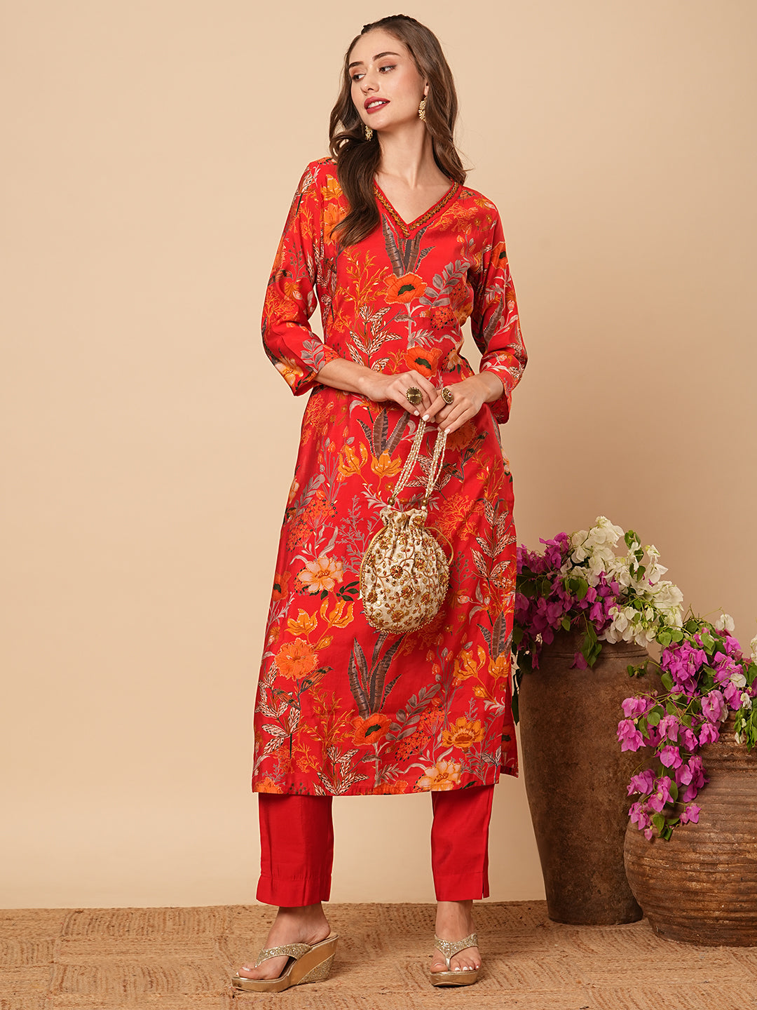 Abstract Floral Foil Printed Straight Fit Kurta with Pant - Red