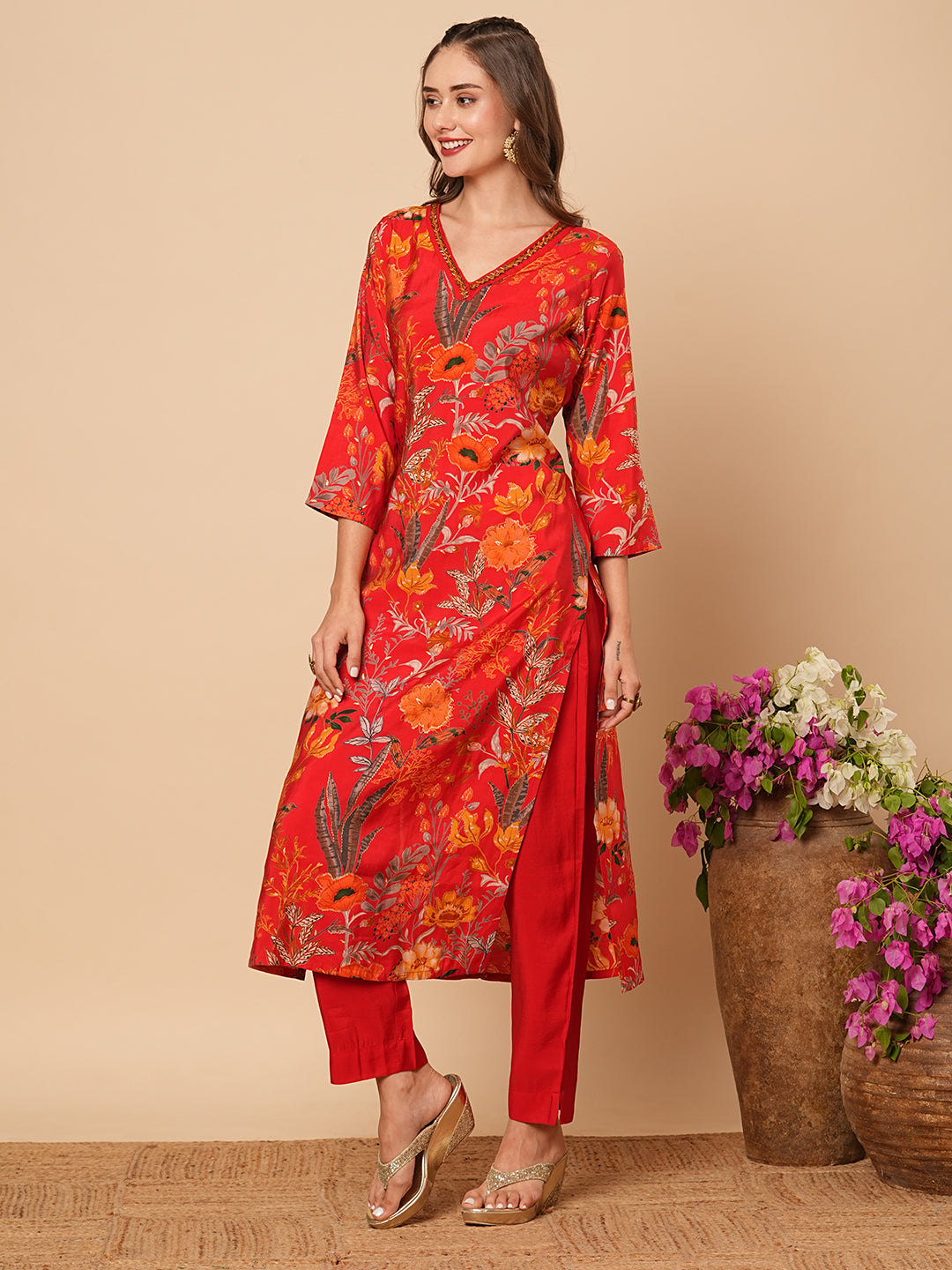 Abstract Floral Foil Printed Straight Fit Kurta with Pant - Red