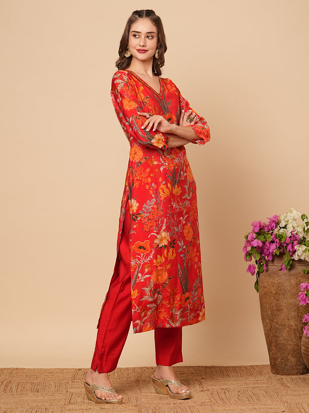 Abstract Floral Foil Printed Straight Fit Kurta with Pant - Red