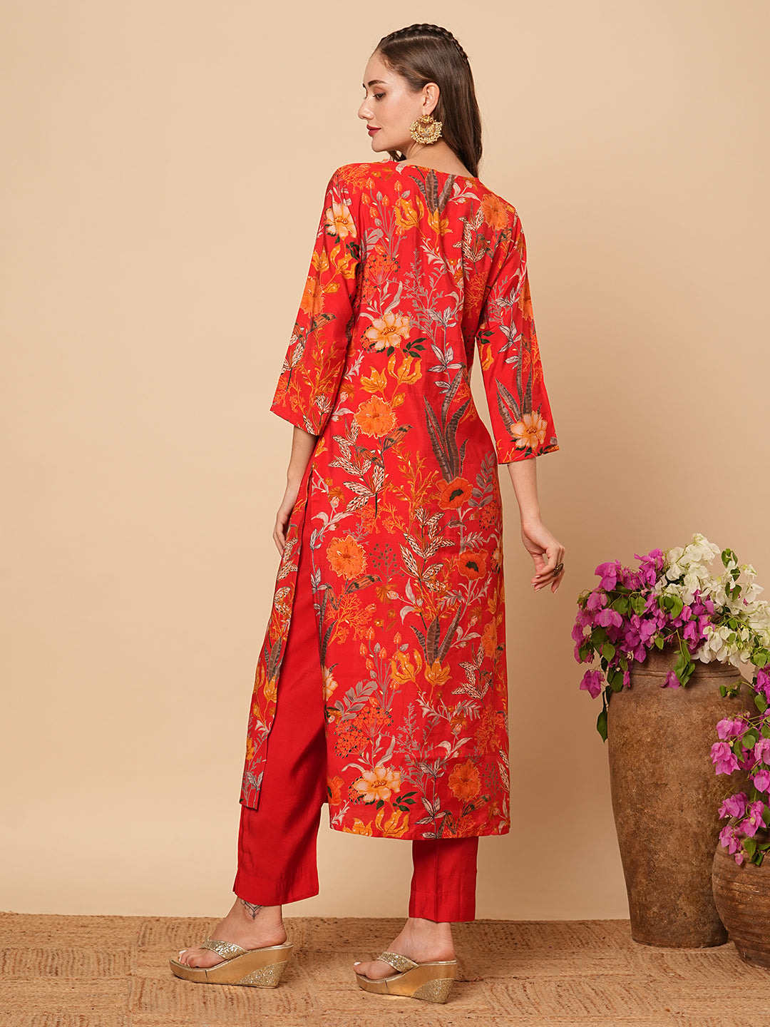 Abstract Floral Foil Printed Straight Fit Kurta with Pant - Red