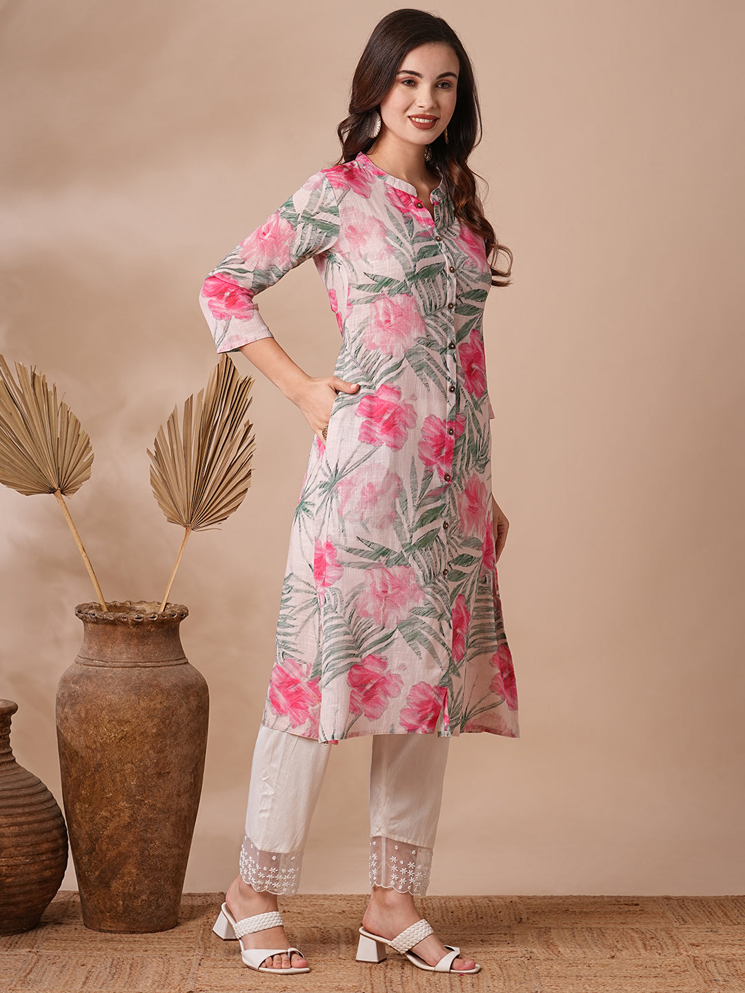 Abstract Floral Printed A-Line Cotton Flax Kurta - Peach