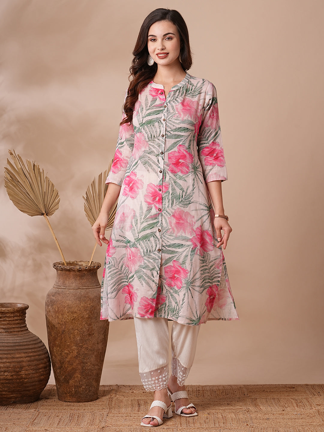 Abstract Floral Printed A-Line Cotton Flax Kurta - Peach