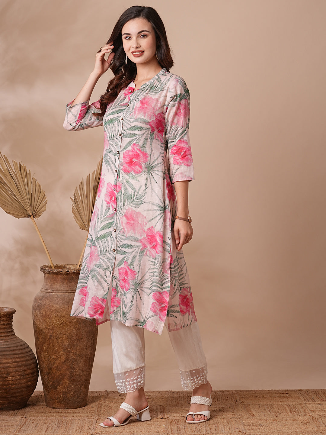 Abstract Floral Printed A-Line Cotton Flax Kurta - Peach