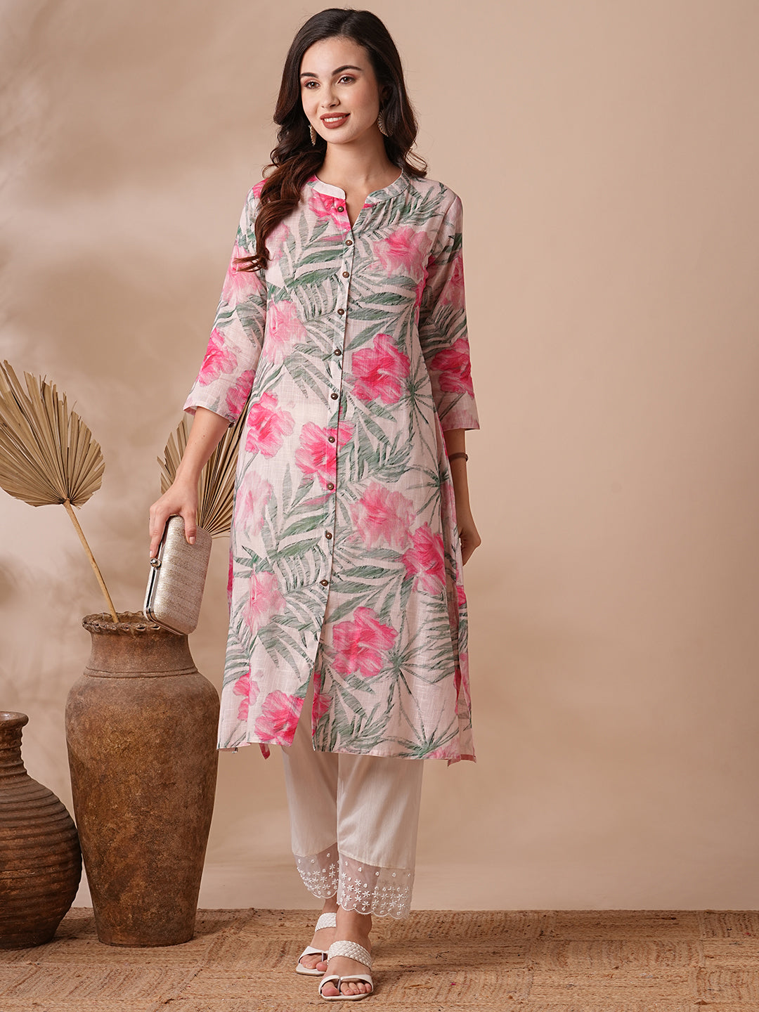 Abstract Floral Printed A-Line Cotton Flax Kurta - Peach