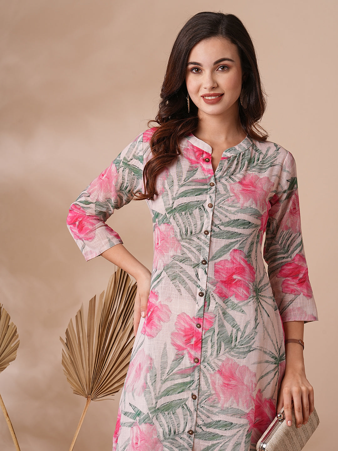 Abstract Floral Printed A-Line Cotton Flax Kurta - Peach