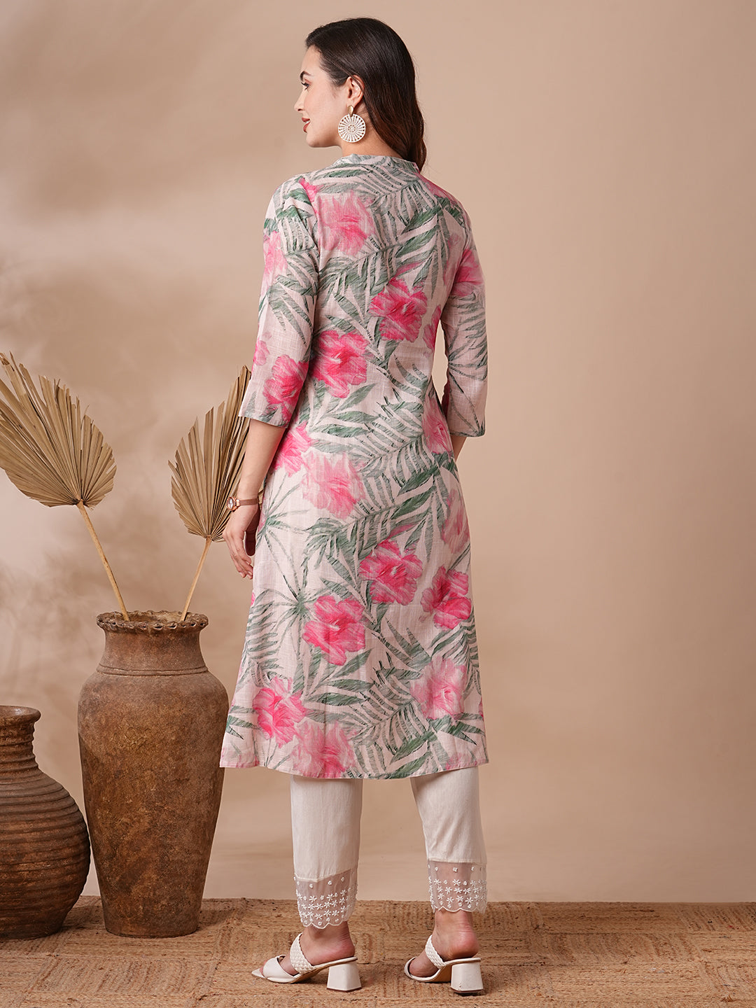 Abstract Floral Printed A-Line Cotton Flax Kurta - Peach