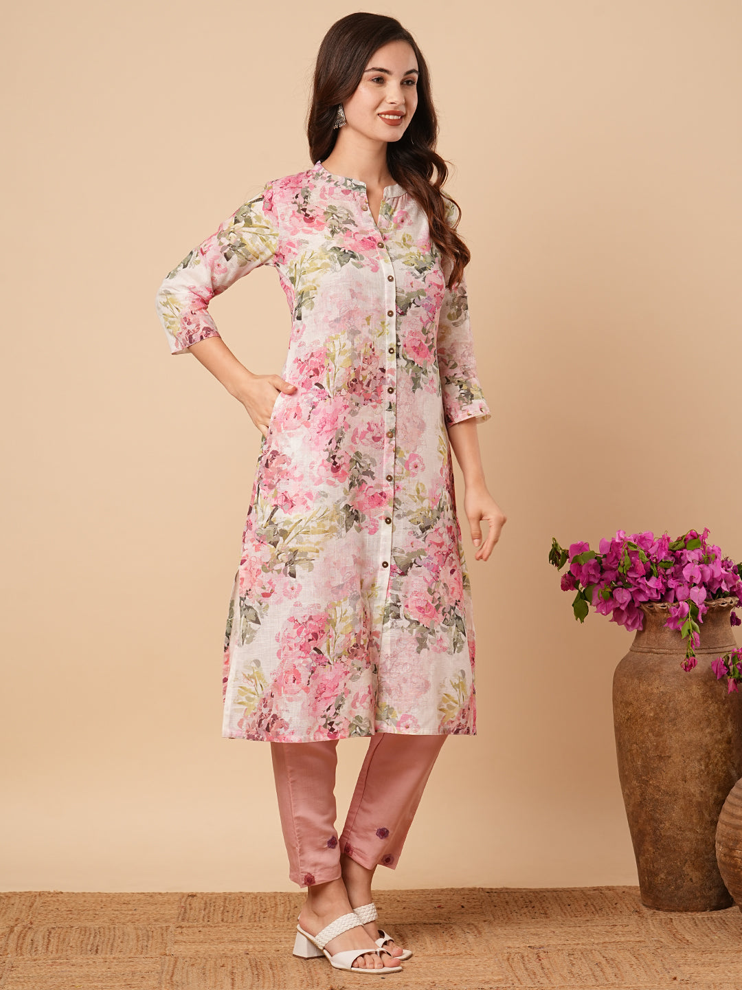 Abstract Floral Printed A-Line Cotton Flax Kurta - Pink