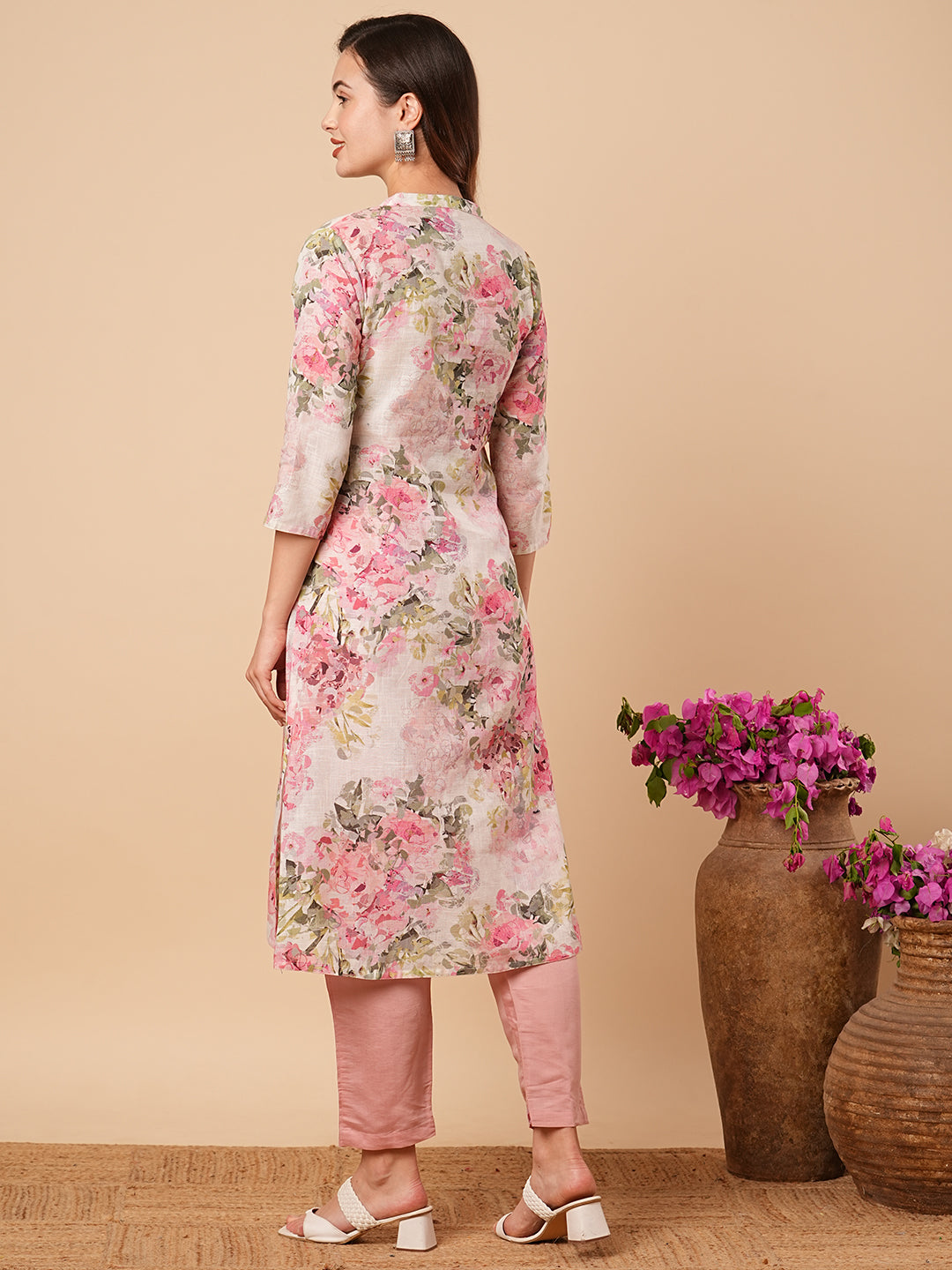 Abstract Floral Printed A-Line Cotton Flax Kurta - Pink