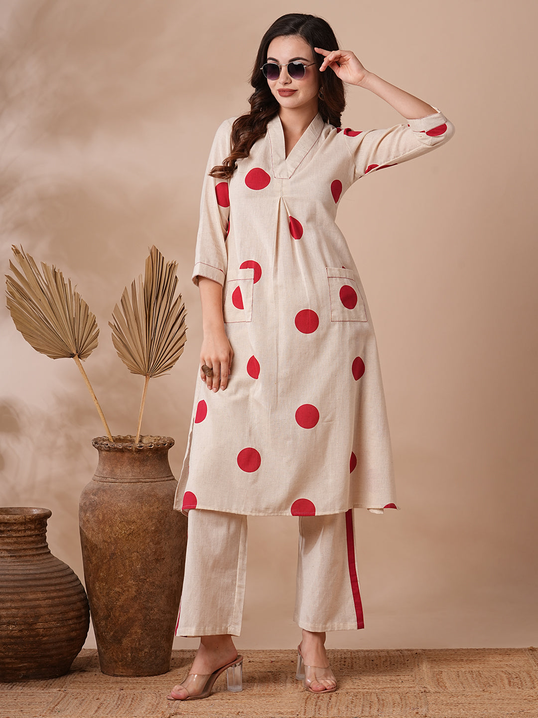 Polka Dot Printed A-Line Co-ord Set - Off White