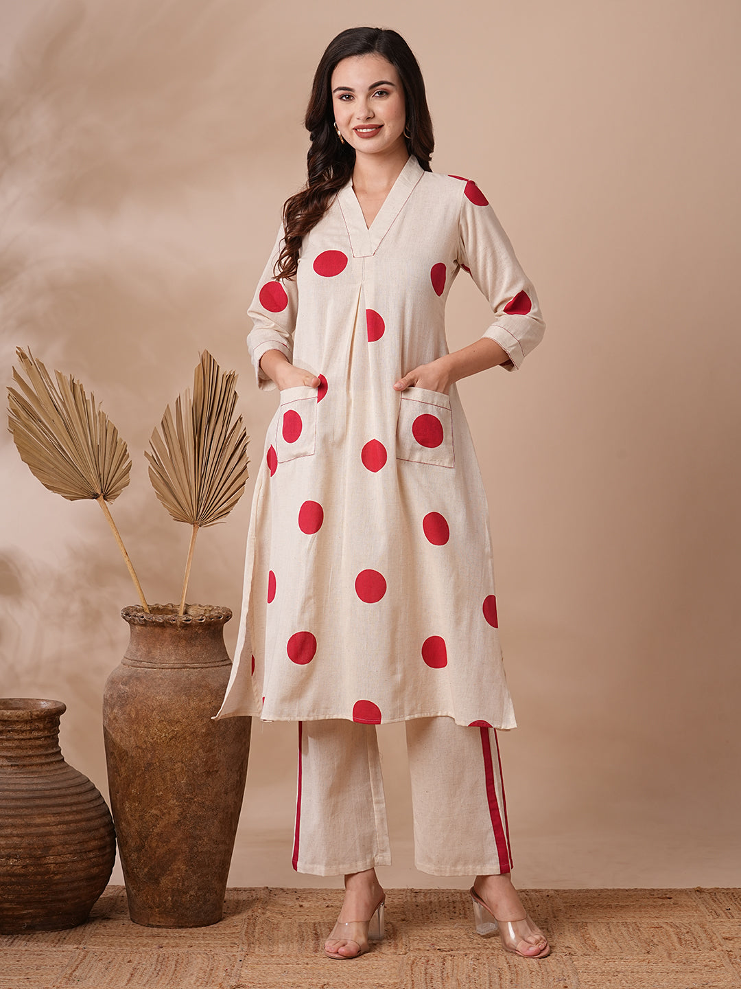 Polka Dot Printed A-Line Co-ord Set - Off White