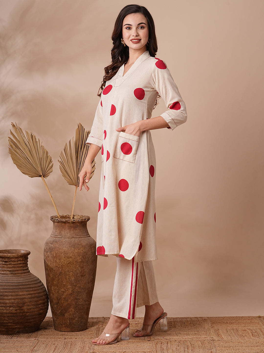 Polka Dot Printed A-Line Co-ord Set - Off White