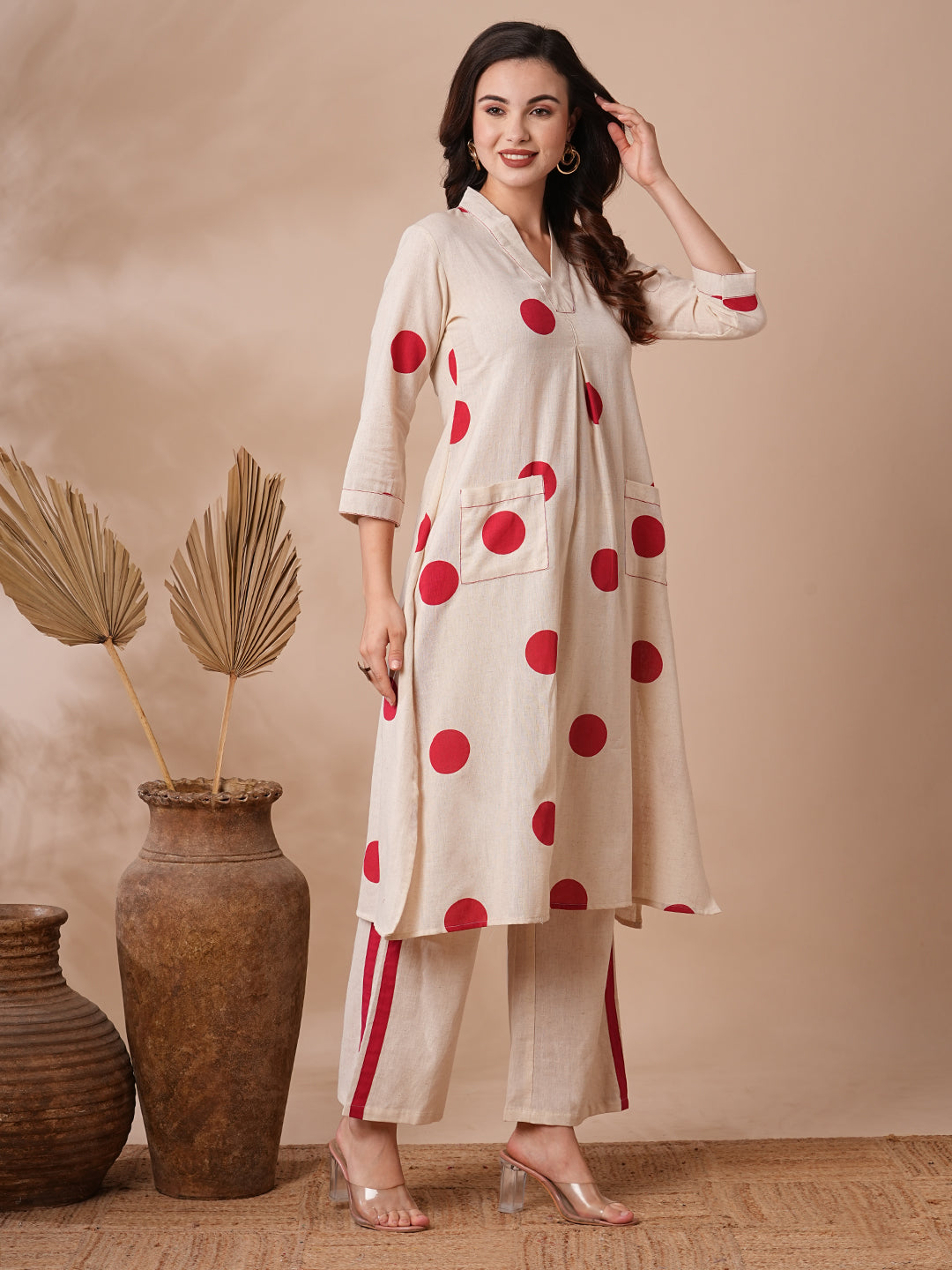 Polka Dot Printed A-Line Co-ord Set - Off White