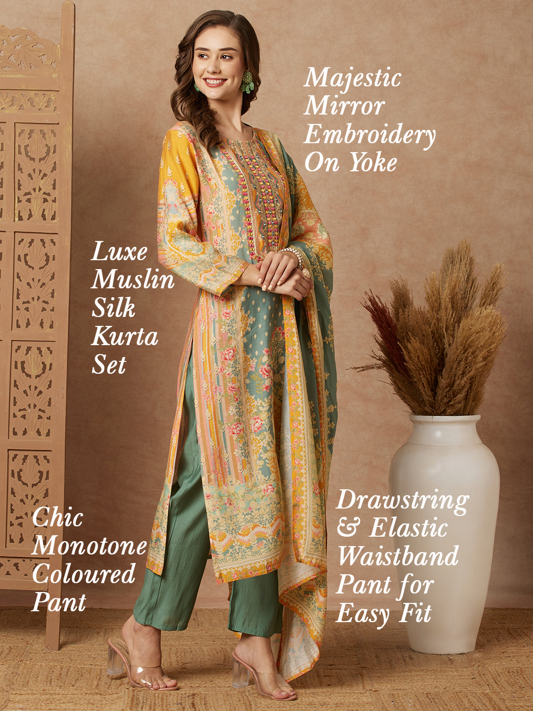 Ethnic Floral Printed Mirror Embroidered Kurta with Pant & Dupatta - Green