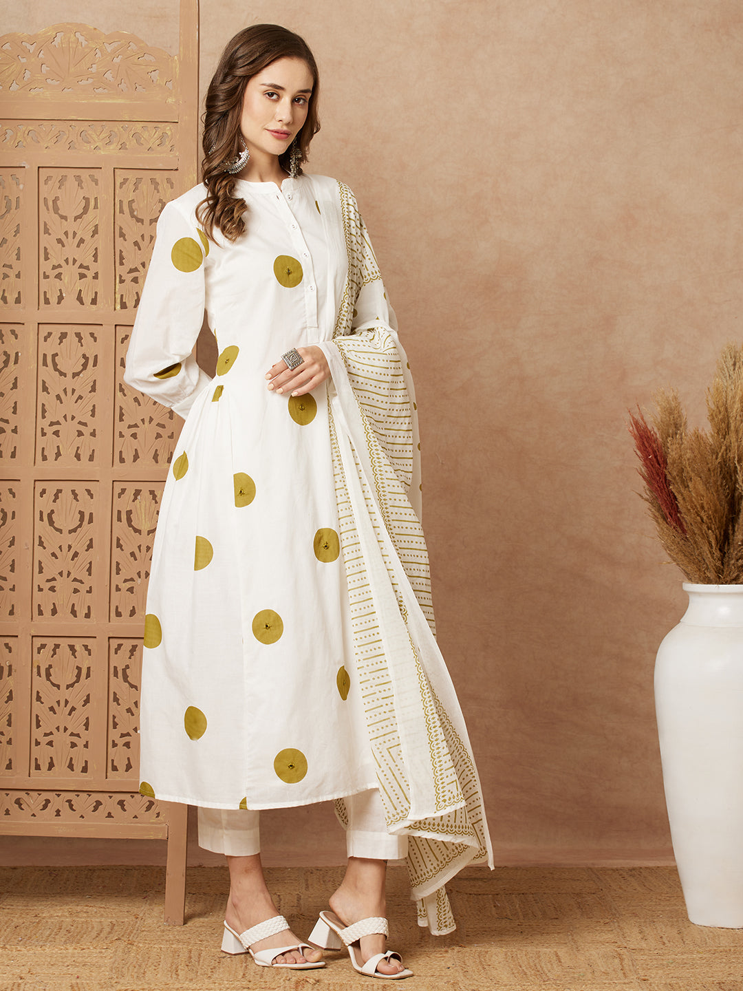 Polka Dot Printed A-Line Paneled Kurta with Pant & Dupatta - White