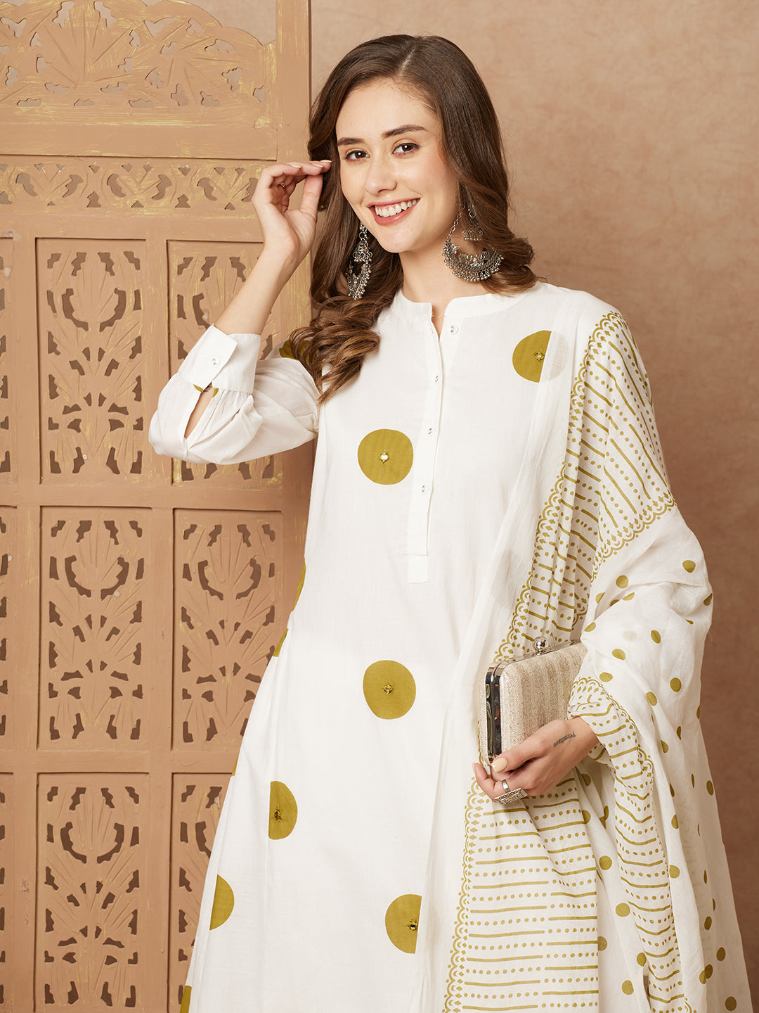 Polka Dot Printed A-Line Paneled Kurta with Pant & Dupatta - White