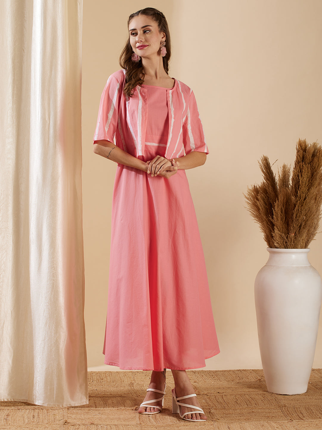 Solid A-Line Flared Cotton Maxi Dress with Striped Open Short Jacket - Pink