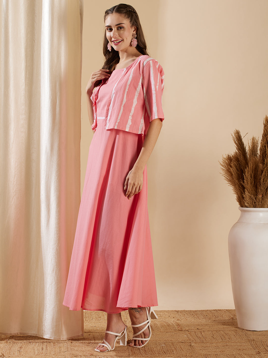 Solid A-Line Flared Cotton Maxi Dress with Striped Open Short Jacket - Pink