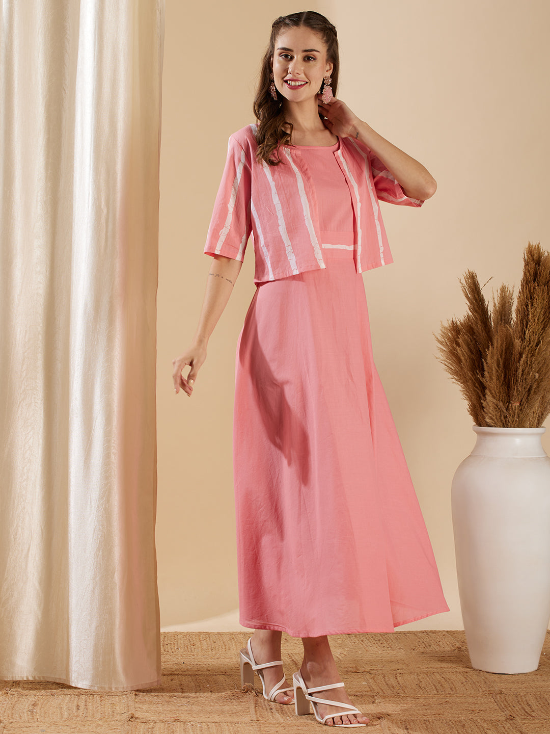 Solid A-Line Flared Cotton Maxi Dress with Striped Open Short