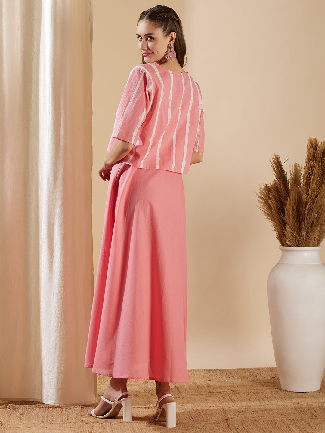 Solid A-Line Flared Cotton Maxi Dress with Striped Open Short Jacket - Pink