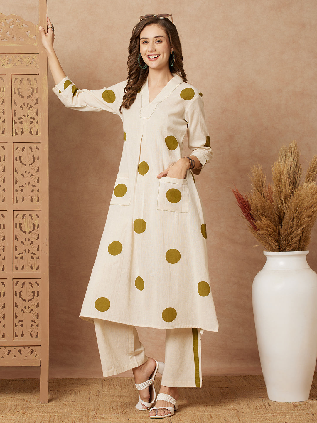 Polka Dot Printed A Line Co ord Set Off White