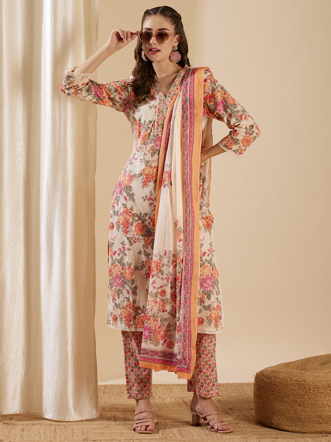Floral Printed & Zari Embroidered Straight Kurta with Pant & Pure Cotton Dupatta - Off White