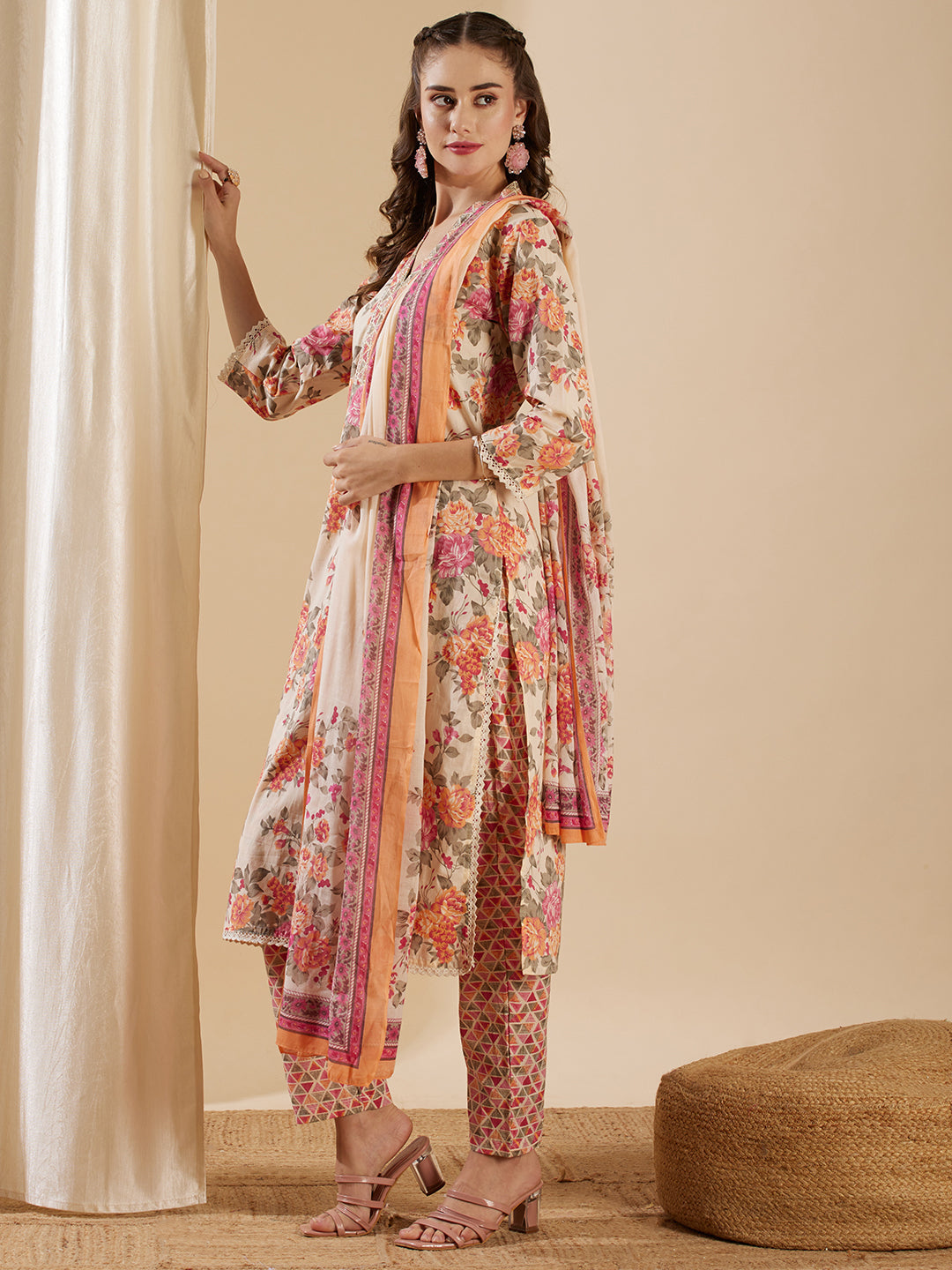 Floral Printed & Zari Embroidered Straight Kurta with Pant & Pure Cotton Dupatta - Off White